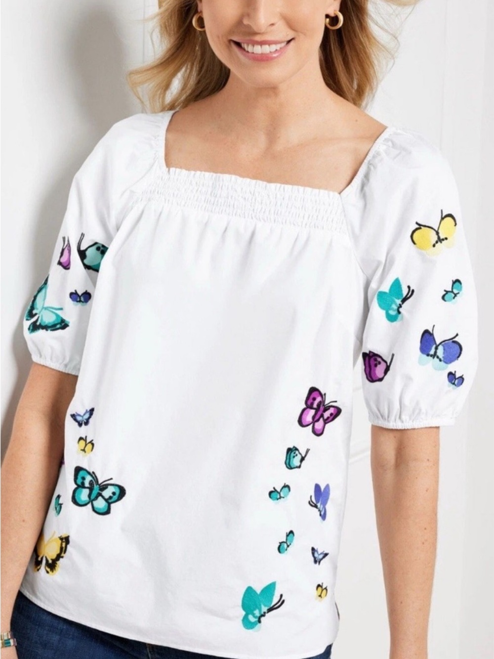 Talbots White Square-Neck Blouse with Multicolor Butterfly Embroidery
